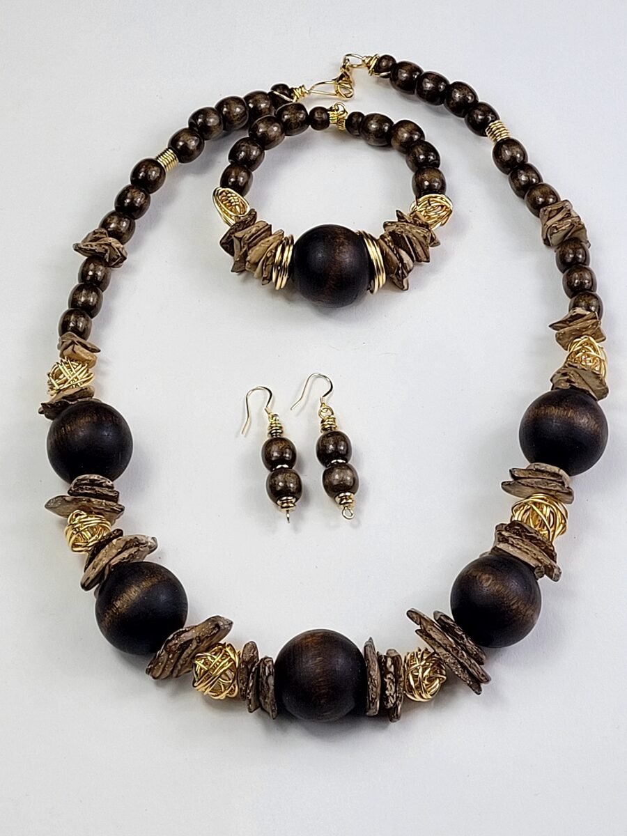 Dark wood beaded necklace with gold wire-wrap accents.