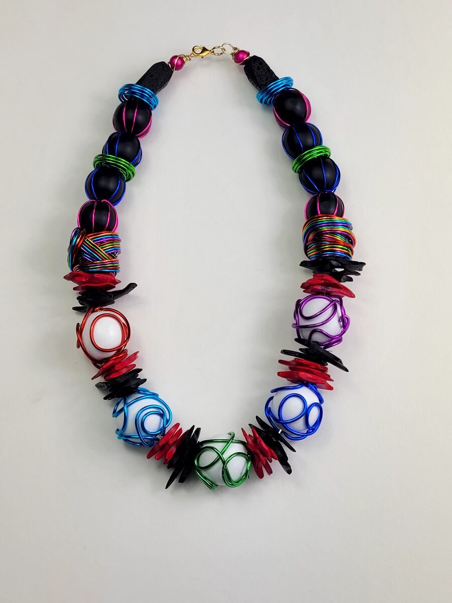 Neon rainbow beaded necklace with wire accents.